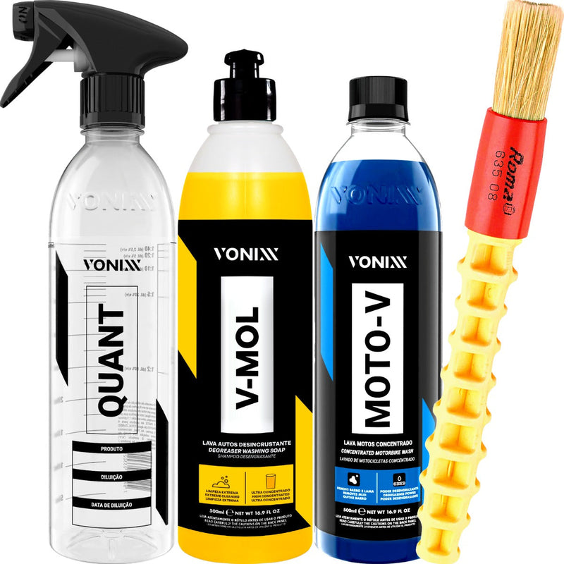 KIT LIMPA MOTOR LAVAGEM SHAMPOO MOTO-V + V-MOL VONIXX 500ML